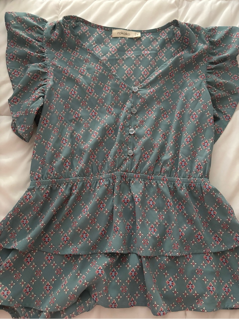 Rokoko Teal Floral Ruffle Peplum Blouse